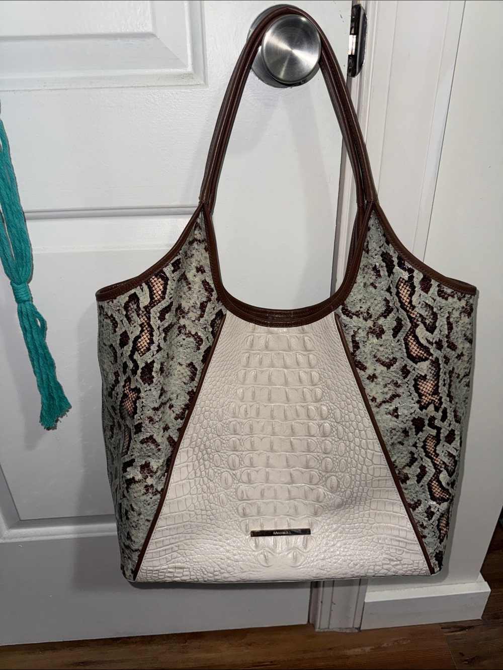 Brahmin Iona White Croc-Embossed & Snake-Print Tote Bag